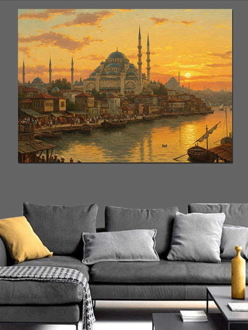 Osmanlı Gün Batımında İstanbul Silueti Dekoratif Kanvas - Mdf Ahşap Tablo