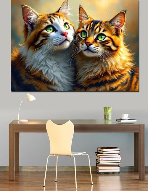İki Kedi Sevimli Bakış Dekoratif Kanvas - Mdf Ahşap Tablo