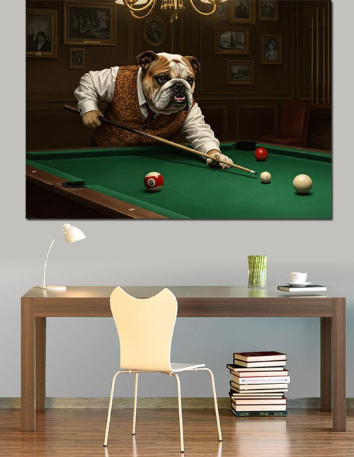 Bilardo Masasında Bulldog Keyfi Dekoratif Kanvas - Mdf Ahşap Tablo
