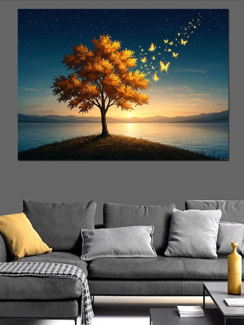 Kelebekli Ağaç Ay Işığı Dekoratif Kanvas - Mdf Ahşap Tablo