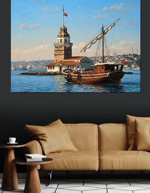 Kız Kulesi Ve Yelkenli Dekoratif Kanvas - Mdf Ahşap Tablo