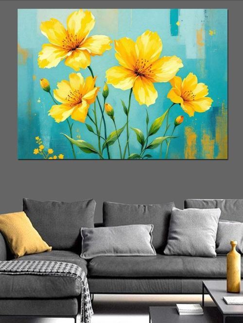 Sarı Çiçekler Turkuaz Zemin Dekoratif Kanvas - Mdf Ahşap Tablo