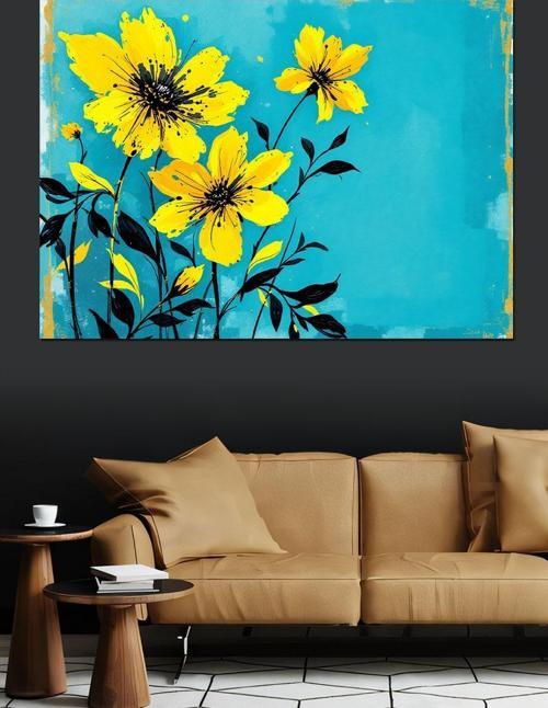 Canlı Sarı Arka Çiçekler Dekoratif Kanvas - Mdf Ahşap Tablo