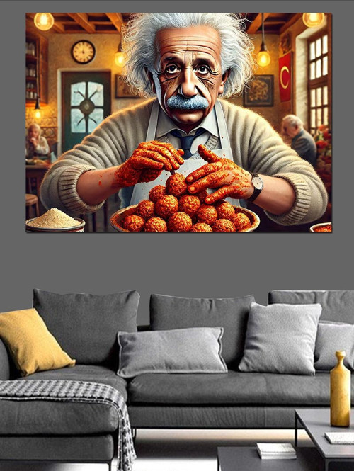 Einstein Ve Yemek Dekoratif Kanvas - Mdf Ahşap Tablo