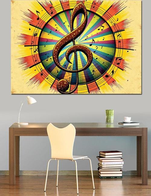 Güneşli Arka Nota Sembolü Dekoratif Kanvas - Mdf Ahşap Tablo