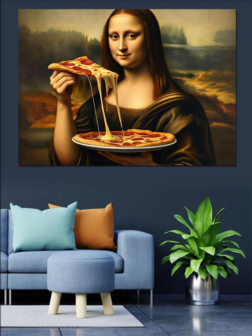 Pizza Yiyen Mona Lisa Dekoratif Kanvas - Mdf Ahşap Tablo