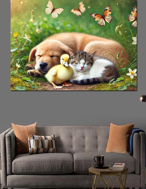 Köpek Ve Kedi Dostluğu Dekoratif Kanvas - Mdf Ahşap Tablo