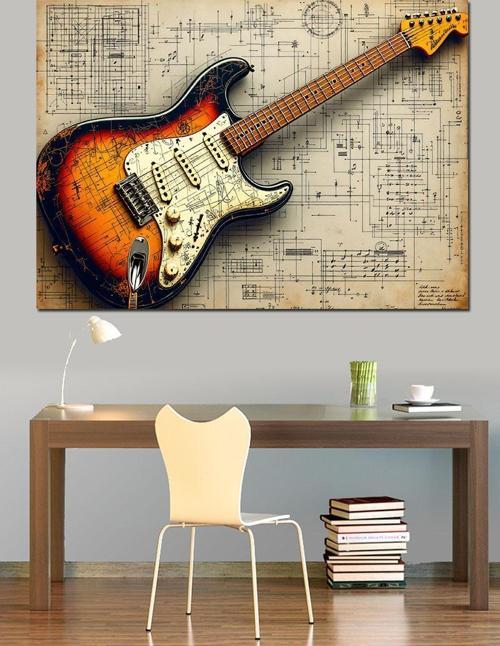 Notalar Üstünde Elektro Gitar Dekoratif Kanvas - Mdf Ahşap Tablo