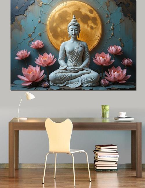 Ay Altında Meditasyon Buda Dekoratif Kanvas - Mdf Ahşap Tablo