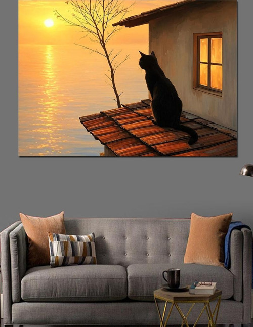Günbatımı ve Kedi Dekoratif Kanvas - Mdf Ahşap Tablo