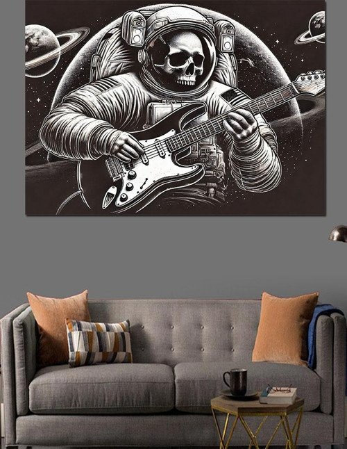 Gitar Çalan Astronot Dekoratif Kanvas - Mdf Ahşap Tablo