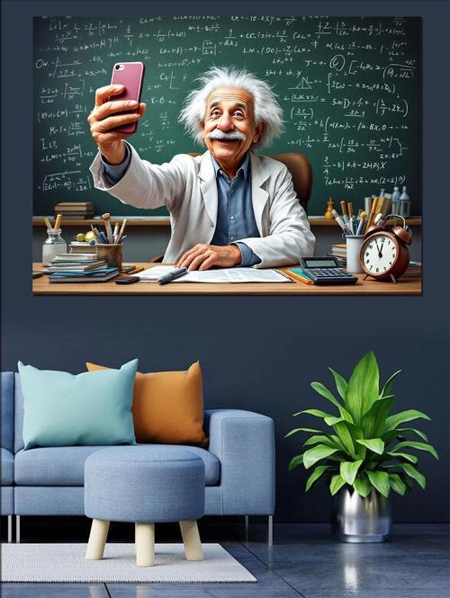Selfie Çeken Karikatür Einstein Dekoratif Kanvas - Mdf Ahşap Tablo