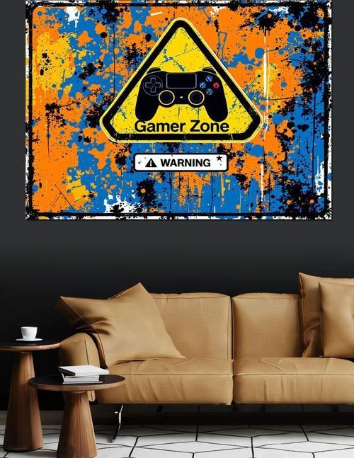 Turuncu Mavi Gamer Uyarısı Dekoratif Kanvas - Mdf Ahşap Tablo