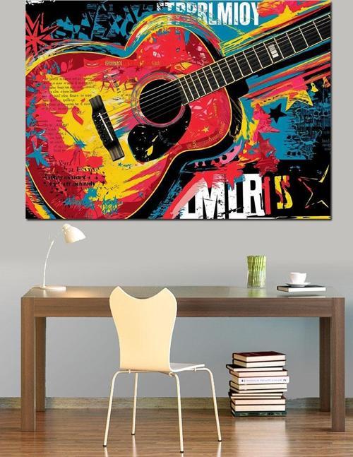 Renkli Gitar Müzik Posteri Dekoratif Kanvas - Mdf Ahşap Tablo