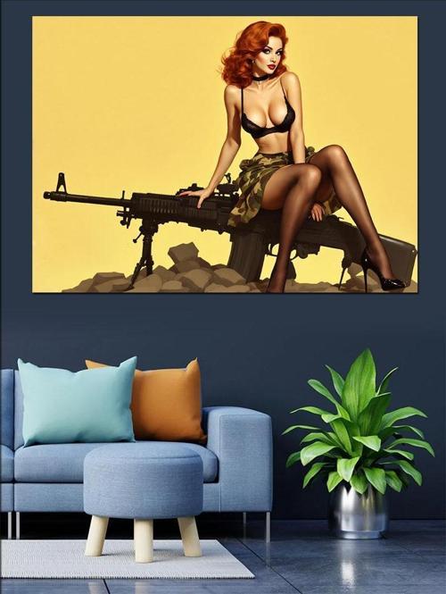 Silahlı Pin-Up Kadın Dekoratif Kanvas - Mdf Ahşap Tablo