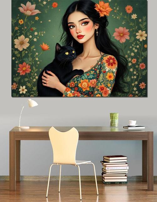 Kedi Tutan Kadın Dekoratif Kanvas - Mdf Ahşap Tablo