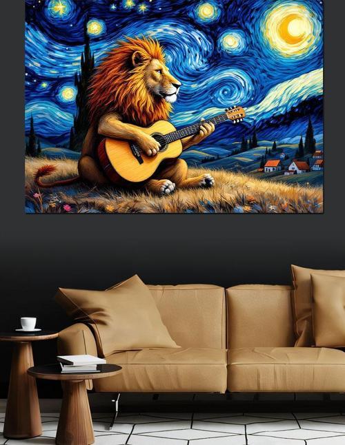 Gitar Çalan Aslan Dekoratif Kanvas - Mdf Ahşap Tablo