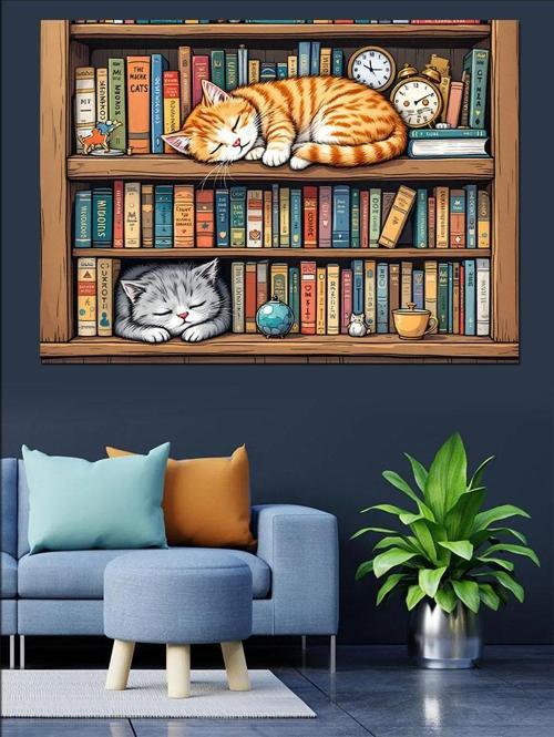 Kütüphanede Uyuyan Kedi Dekoratif Kanvas - Mdf Ahşap Tablo