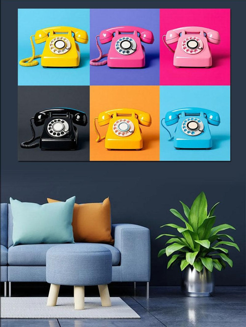 Renkli Retro Telefonlar Dekoratif Kanvas - Mdf Ahşap Tablo