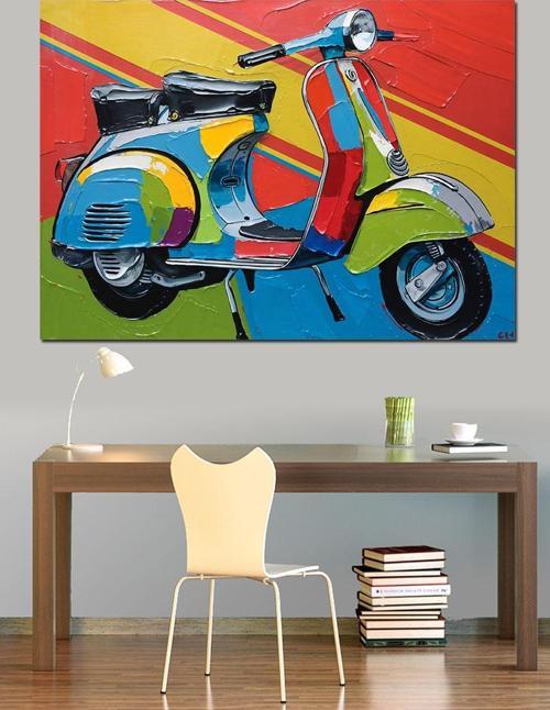 Renkli Vespa Motoru Dekoratif Kanvas - Mdf Ahşap Tablo