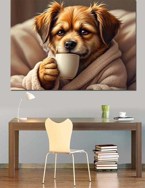 Kahve İçen Sevimli Köpek Dekoratif Kanvas - Mdf Ahşap Tablo