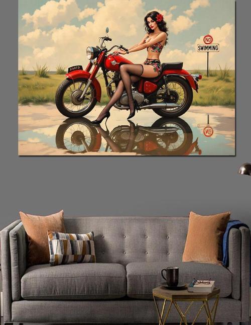 Retro Kırmızı Motosiklet Dekoratif Kanvas - Mdf Ahşap Tablo