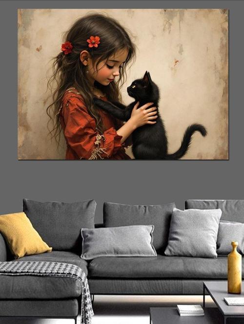 Kedi Seven Kız Dekoratif Kanvas - Mdf Ahşap Tablo