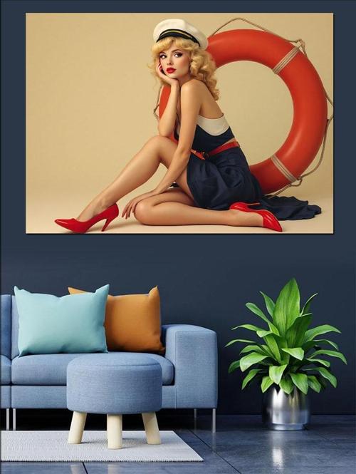 Kırmızı Elbiseli Pin-Up Kadın Dekoratif Kanvas - Mdf Ahşap Tablo