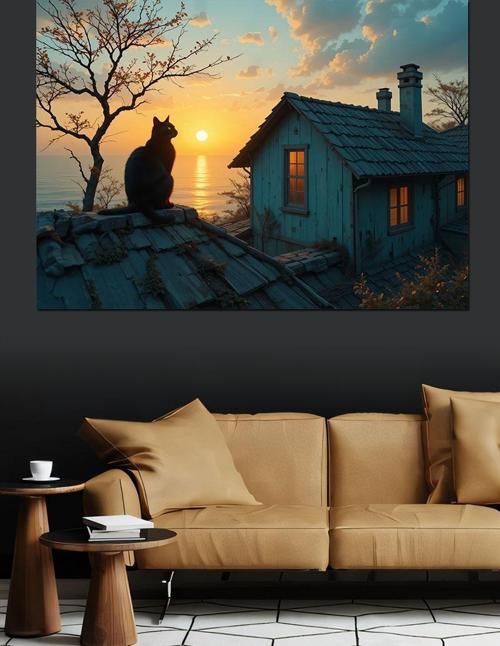 Çatıda Günbatımı Ve Kedi Dekoratif Kanvas - Mdf Ahşap Tablo