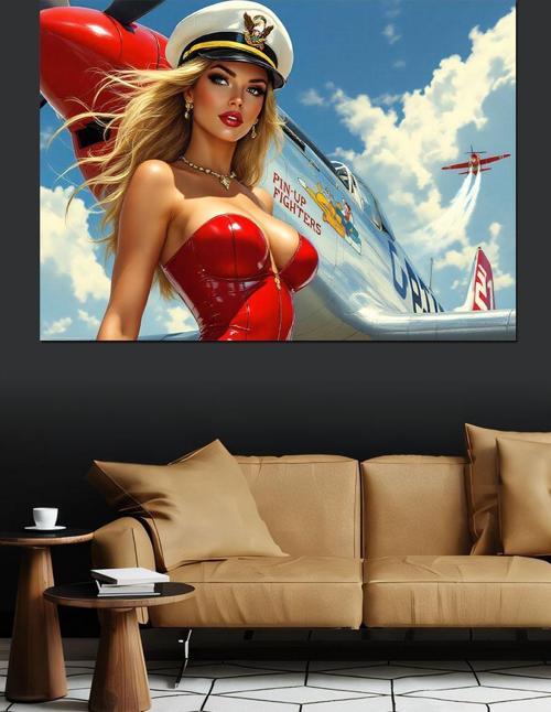 Retro Uçak Pin-Up Kadın Dekoratif Kanvas - Mdf Ahşap Tablo