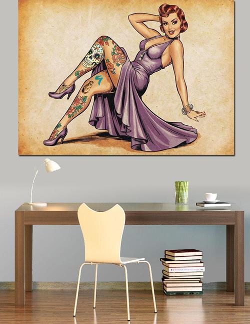 Pin-Up Tarzı Oturan Kadın Dekoratif Kanvas - Mdf Ahşap Tablo
