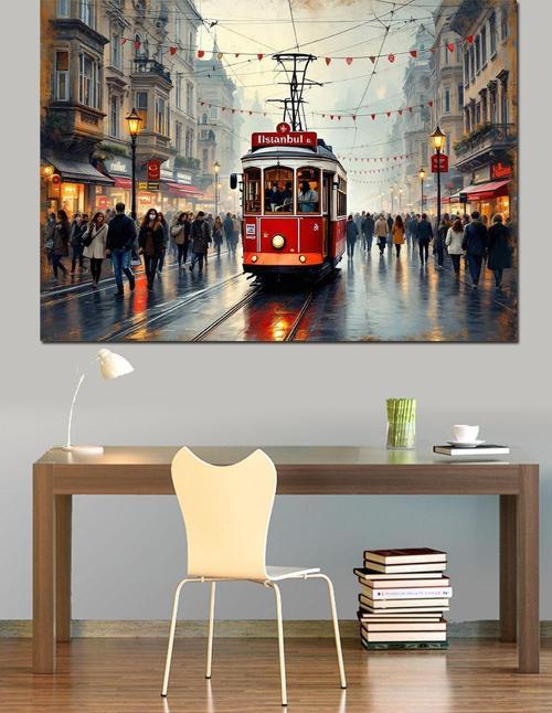 Kırmızı Tramvay Yağmurlu Sokak Dekoratif Kanvas - Mdf Ahşap Tablo