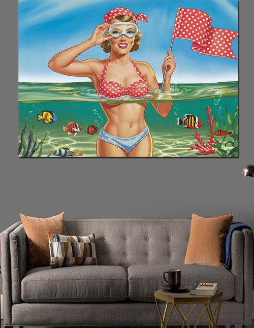 Bayraklı Pin-Up Kız Dekoratif Kanvas - Mdf Ahşap Tablo