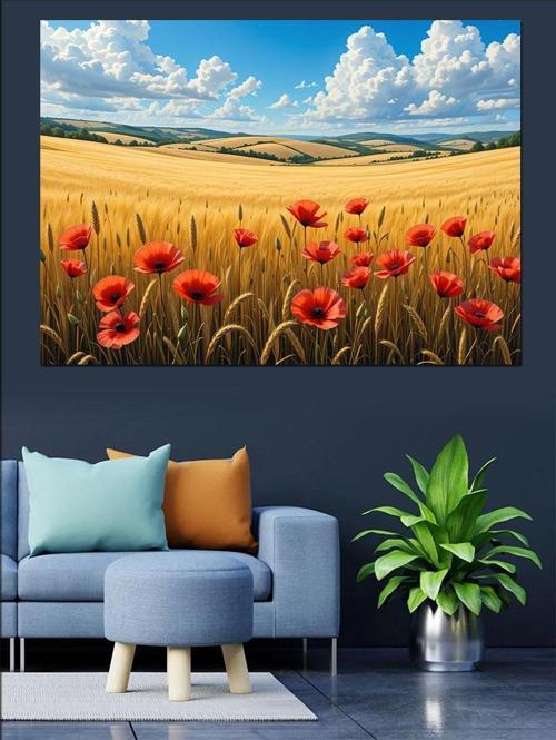Gelincik Tarlası Mavi Gökyüzü Dekoratif Kanvas - Mdf Ahşap Tablo