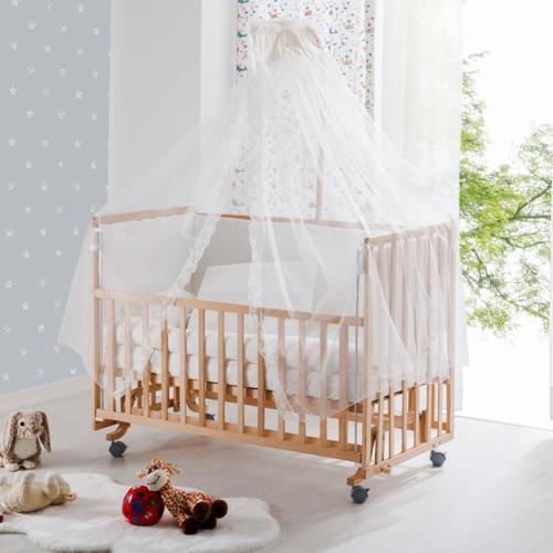 BW6240 Doğal Ahşap Bebek Beşiği - Tekerlekli Sallanır Kademeli Anne Yanı Beşik- Uyku Setli -60x120cm