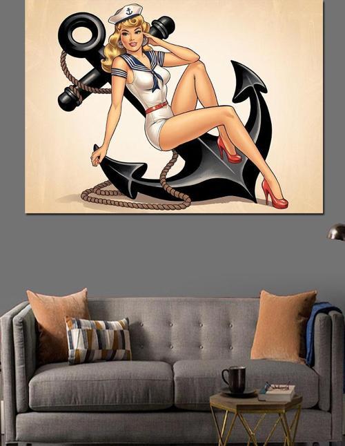Pin-Up Kız Çapa İllüstrasyon Dekoratif Kanvas - Mdf Ahşap Tablo