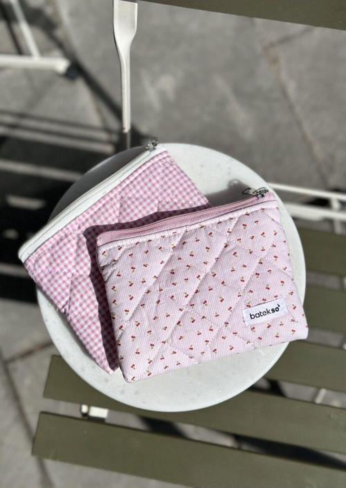 2'Li Çıtır Kiraz Ve Pembe Kare Desenli Makyaj Çantası - Kare Boy