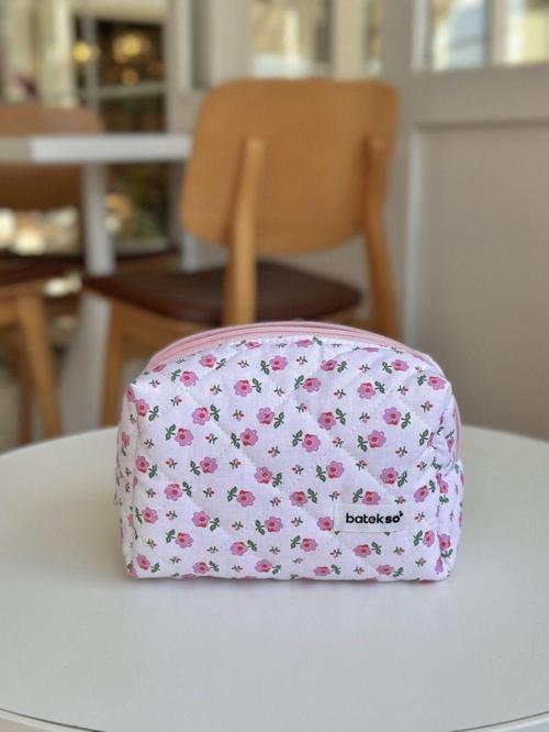 Minik Pembe Çiçek Desenli Makyaj Çantası - Orta Boy
