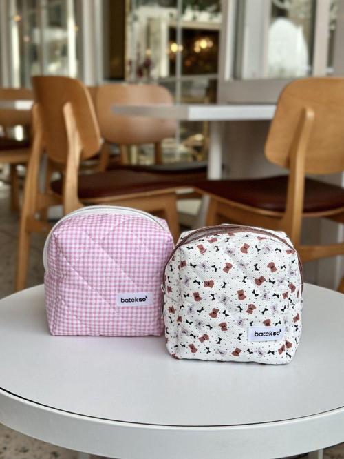 2'Li Tavşan Ayıcık Ve Pembe Kare Desenli Makyaj Çantası - Küçük Boy