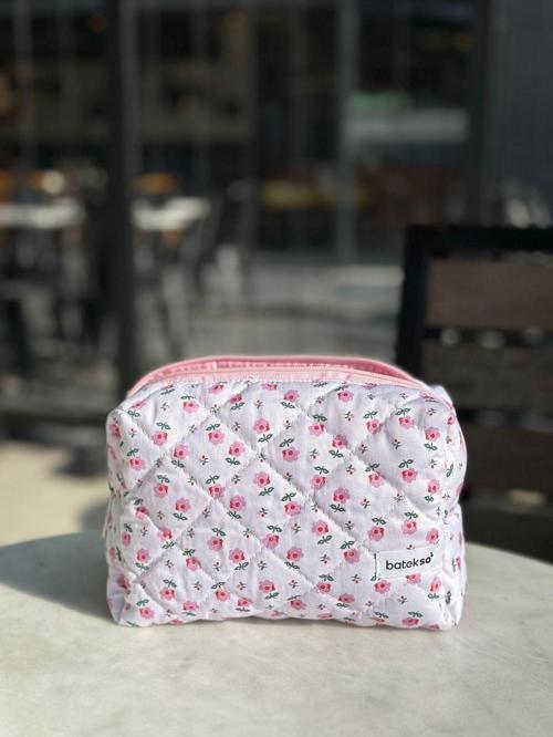 Minik Pembe Çiçek Desenli Makyaj Çantası - Büyük Boy.