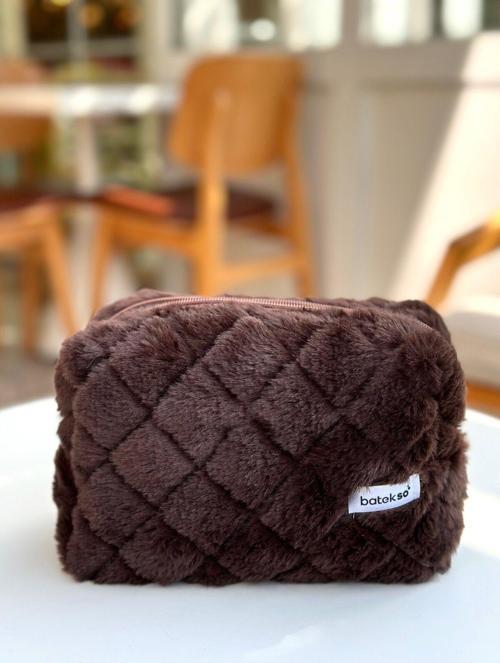 Koyu Acı Kahve Peluş Makyaj Çantası - Büyük Boy