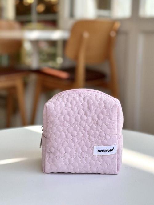 Toz Pembe Çiçek İşlemeli Makyaj Çantası - Küçük Boy