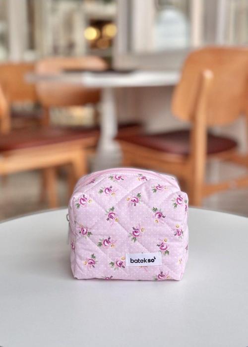 Toz Pembe Gül Desenli Makyaj Çantası - Küçük Boy