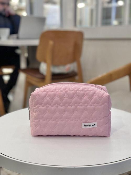 Koyu Pembe Kalp İşlemeli Makyaj Çantası - Büyük Boy