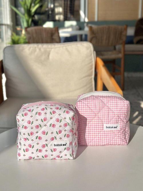 2'Li Minik Pembe Çiçek Ve Pembe Kare Desenli Makyaj Çantası - Küçük Boy