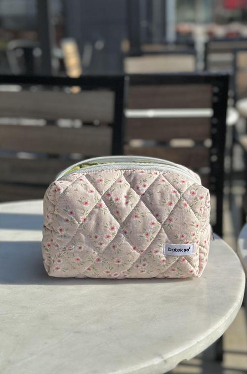 Pembe Çiçek Desenli Makyaj Çantası - Büyük Boy