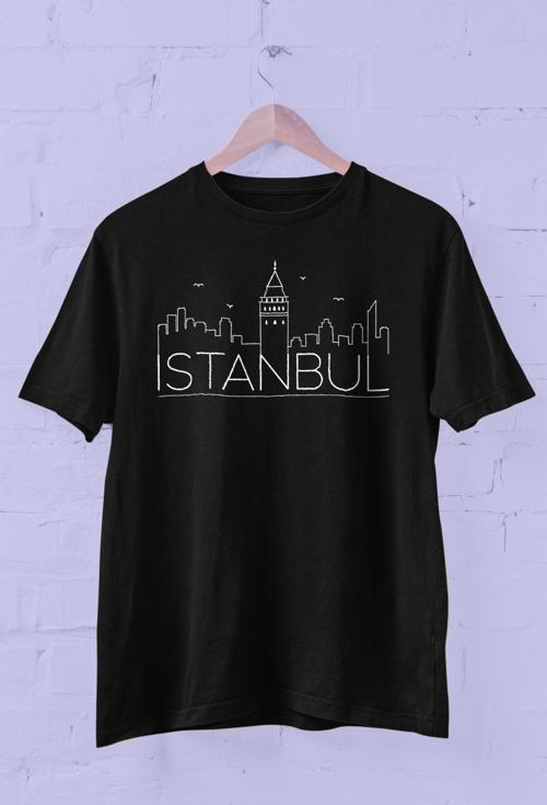 İstanbul silüeti Baskılı Bisiklet Yaka Erkek Tişört