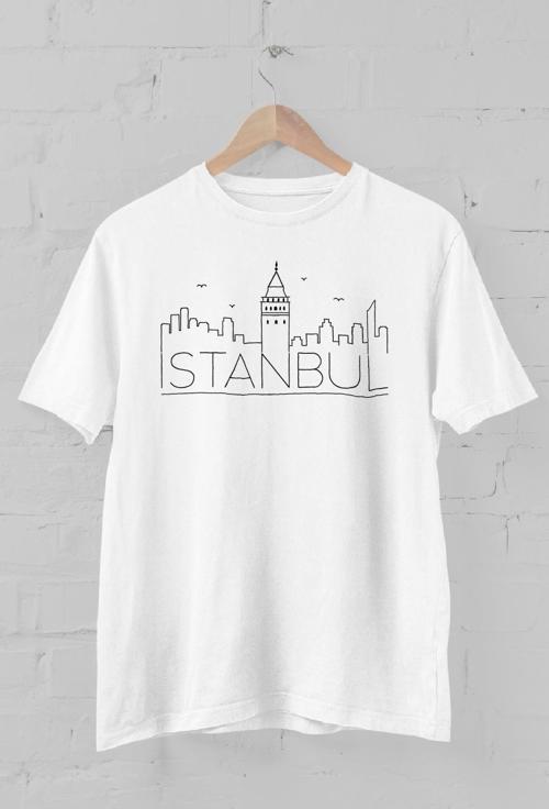 İstanbul silüeti Baskılı Bisiklet Yaka Erkek Tişört