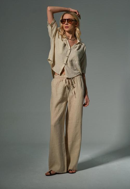 %100 Keten Geniş Paça Bol Kesim Bağcıklı Lastikli Kadın Pantolon @Leon