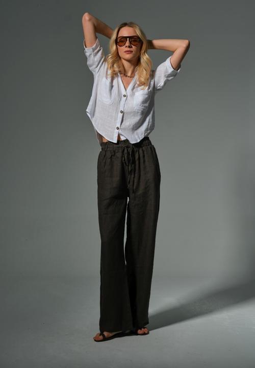 %100 Keten Geniş Paça Bol Kesim Bağcıklı Lastikli Kadın Pantolon @Leon